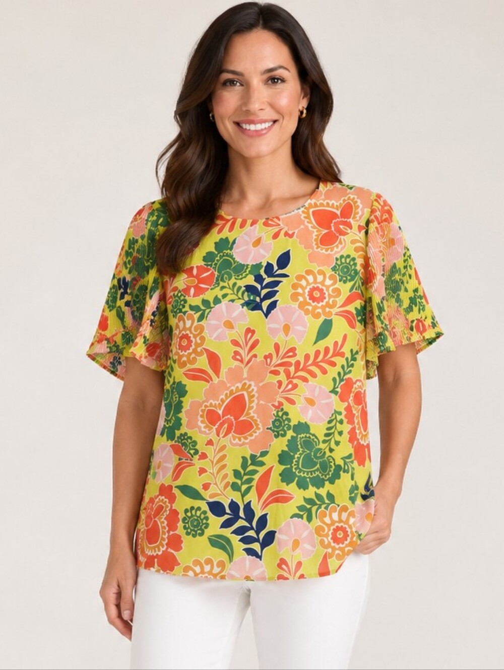 Colorful Floral Flutter Sleeve Blouse Size L
